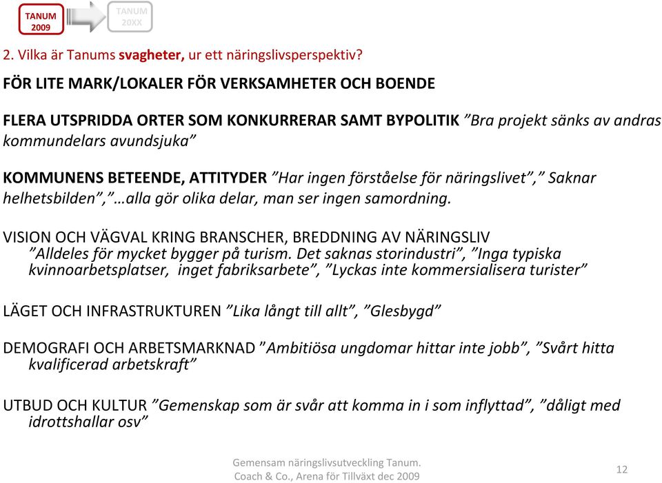 förståelse för näringslivet, Saknar helhetsbilden, alla gör olika delar, man ser ingen samordning. VISION OCH VÄGVAL KRING BRANSCHER, BREDDNING AV NÄRINGSLIV Alldeles för mycket bygger på turism.