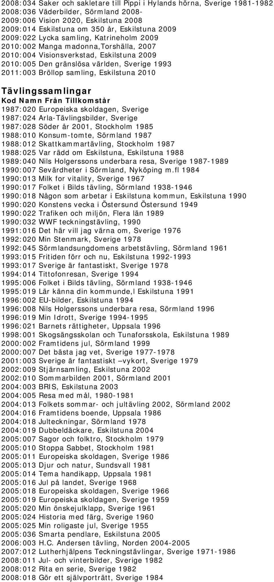 Eskilstuna 2010 Tävlingssamlingar 1987:020 Europeiska skoldagen, Sverige 1987:024 Arla-Tävlingsbilder, Sverige 1987:028 Söder år 2001, Stockholm 1985 1988:010 Konsum-tomte, Sörmland 1987 1988:012