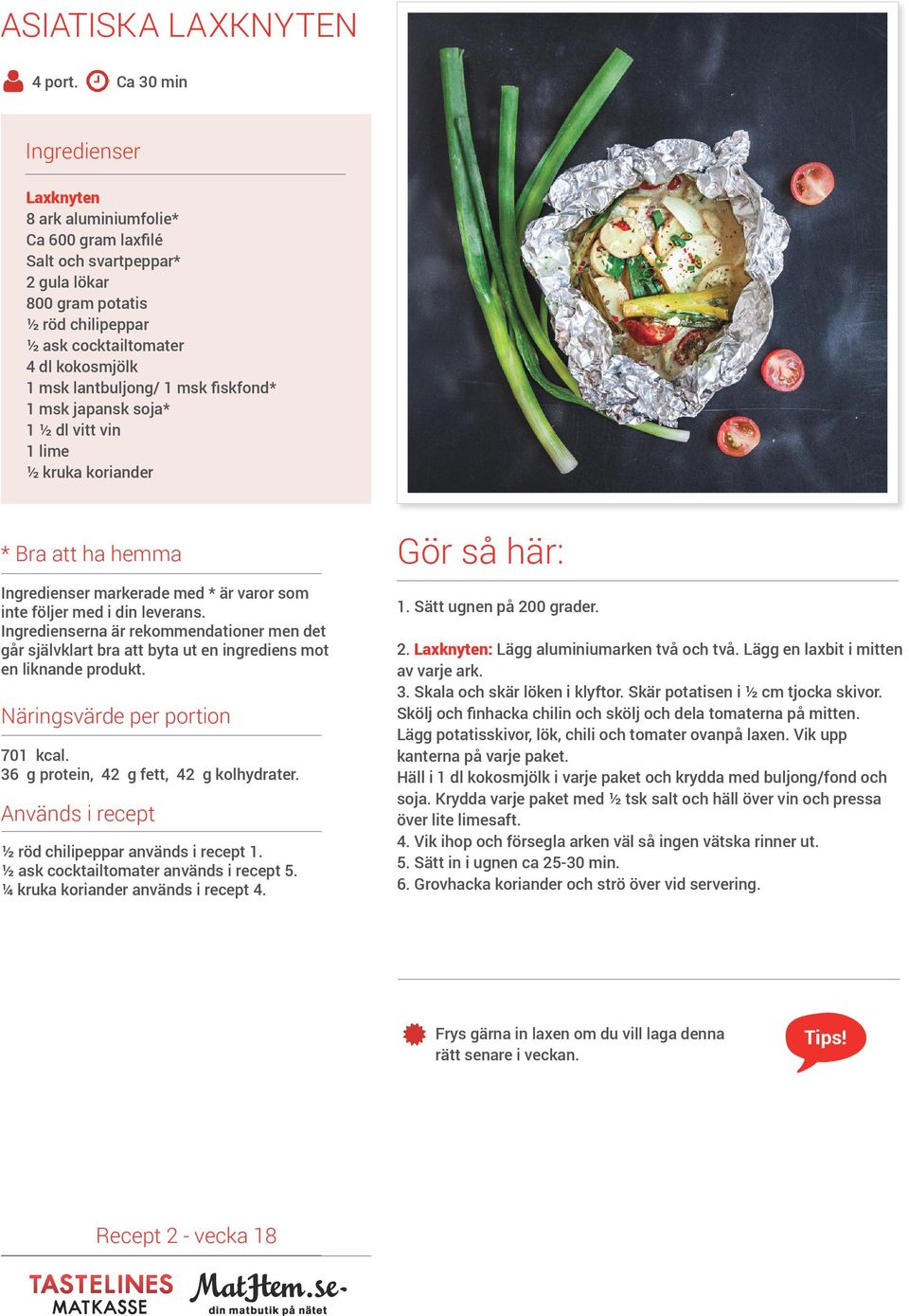 ½ röd chilipeppar används i recept. ½ ask cocktailtomater används i recept. ¼ kruka koriander används i recept 4.. Sätt ugnen på 00 grader.. Laxknyten: Lägg aluminiumarken två och två.