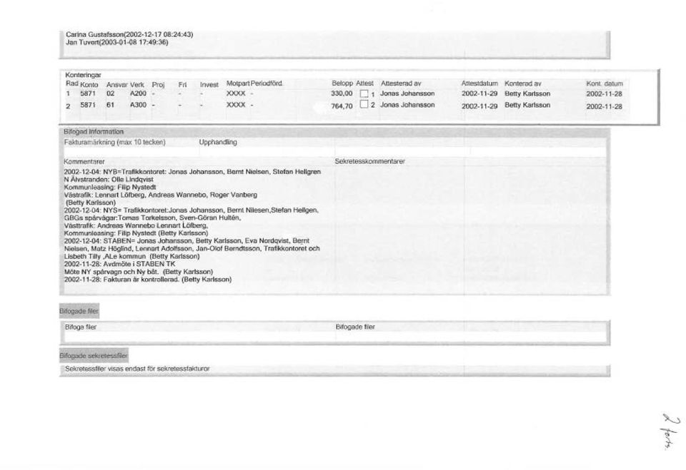 datum 330,00 D 1 Jonas Johansson 2002-11-29 Betty Karsson 2002-11-28 764,70 D 2 Jonas Johansson 2002-11-29 Betty Karsson 2002-11-28 Kommentarer 2002-12-04: NYB=Trafikkontoret: Jonas Johansson, Bemt