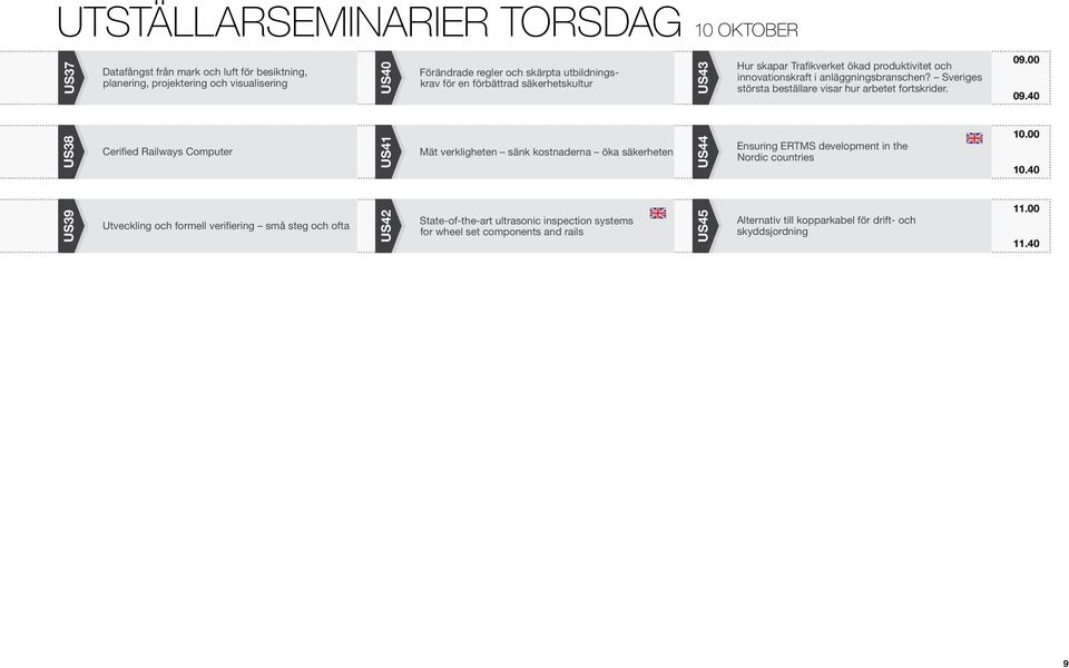 00 09.40 US38 Cerified Railways Computer US41 Mät verkligheten sänk kostnaderna öka säkerheten US44 Ensuring ERTMS development in the Nordic countries 10.00 10.