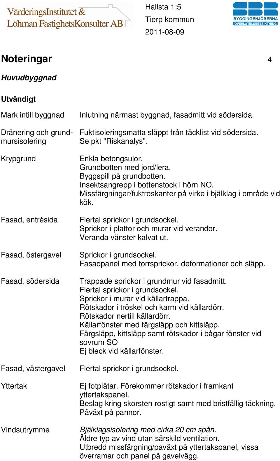 Insektsangrepp i bottenstock i hörn NO. Missfärgningar/fuktroskanter på virke i bjälklag i område vid kök. Flertal sprickor i grundsockel. Sprickor i plattor och murar vid verandor.