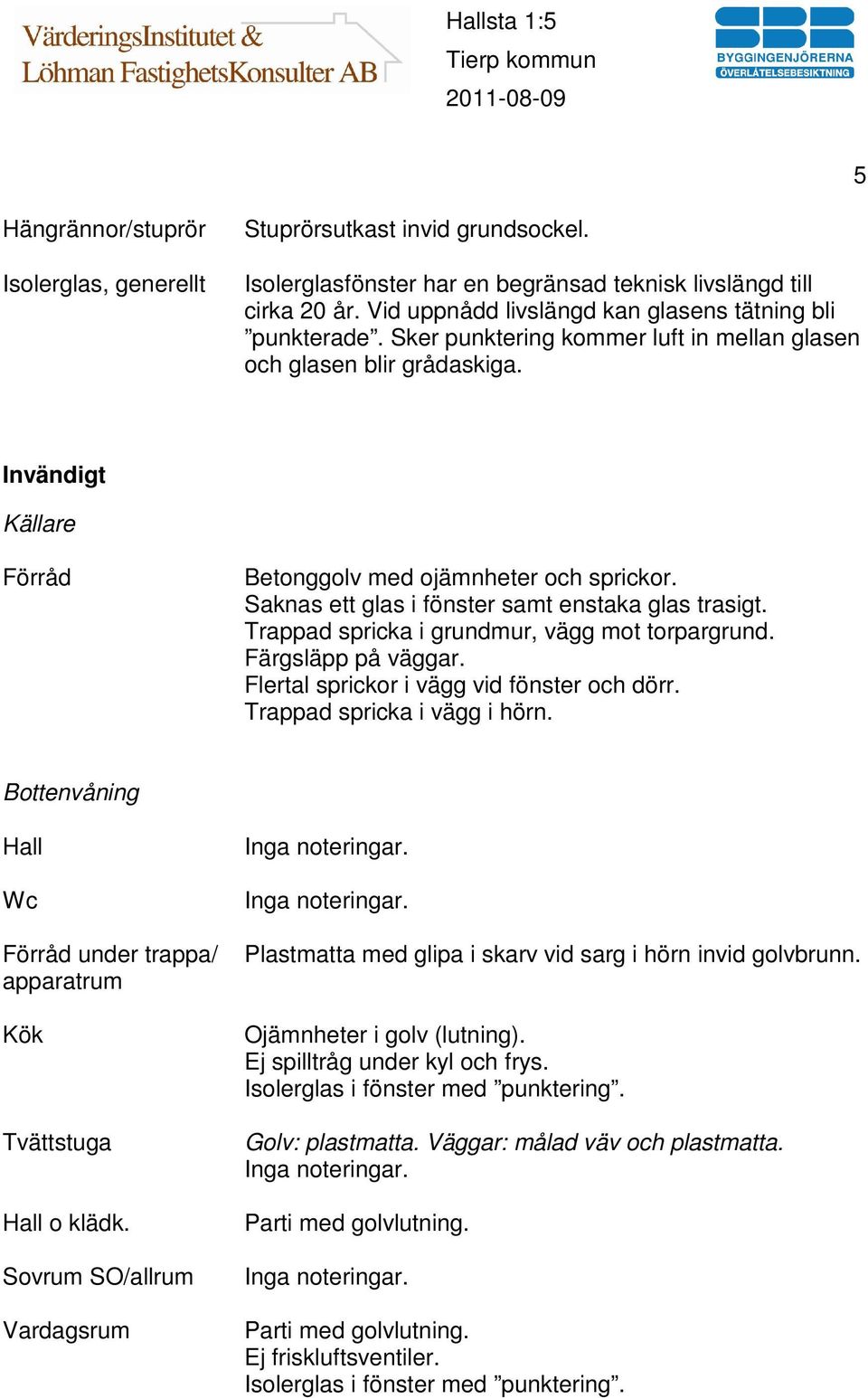 Saknas ett glas i fönster samt enstaka glas trasigt. Trappad spricka i grundmur, vägg mot torpargrund. Färgsläpp på väggar. Flertal sprickor i vägg vid fönster och dörr. Trappad spricka i vägg i hörn.