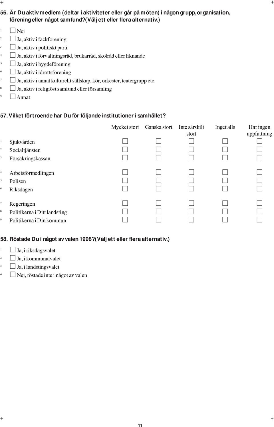 kulturellt sšllskap, kšr, orkester, teatergrupp etc. Ja, aktiv i religišst samfund eller fšrsamling 9 Annat. Vilket förtroende har Du för följande institutioner i samhället?