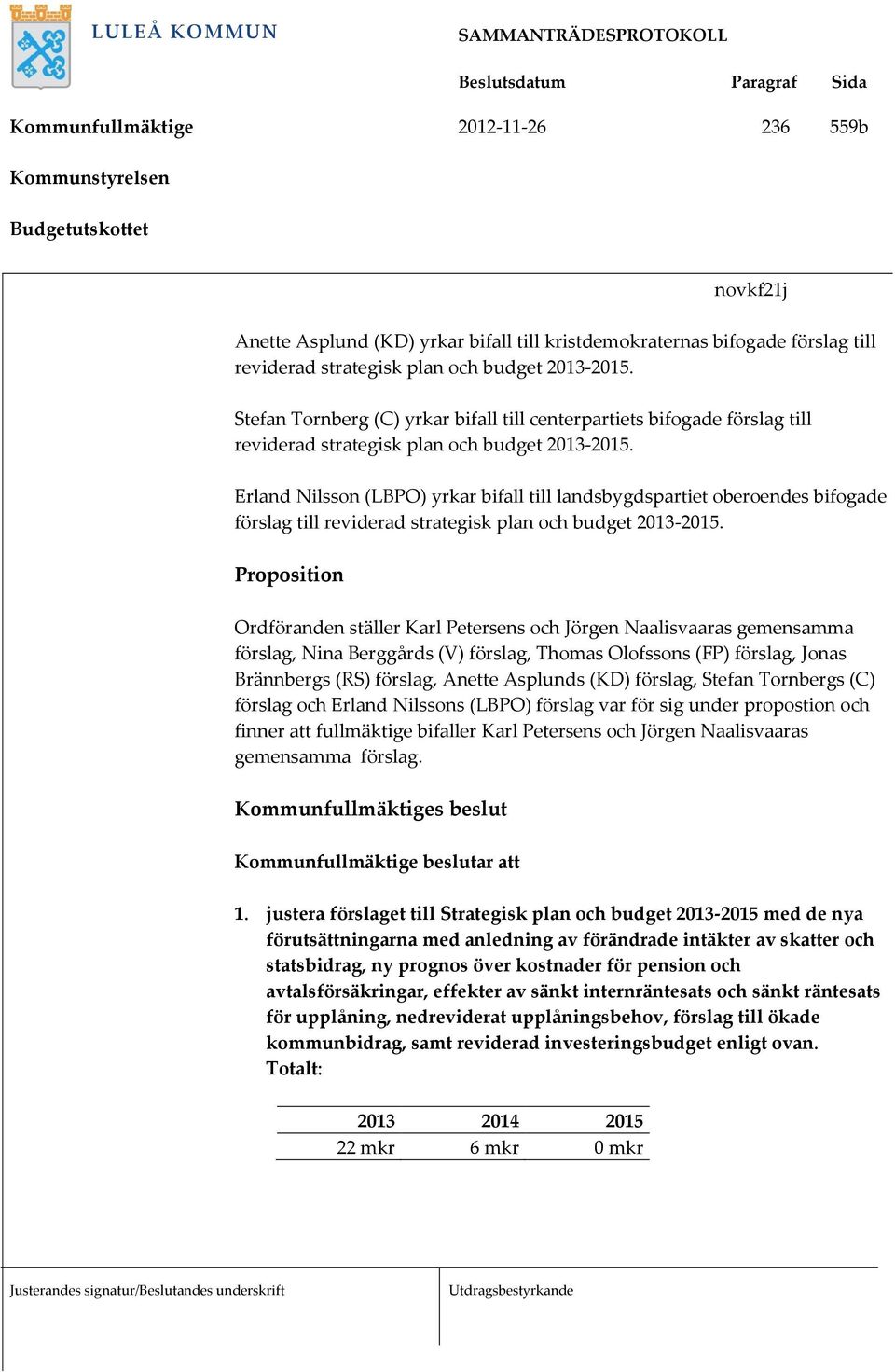 Erland Nilsson (LBPO) yrkar bifall till landsbygdspartiet oberoendes bifogade förslag till reviderad strategisk plan och budget 2013-2015.