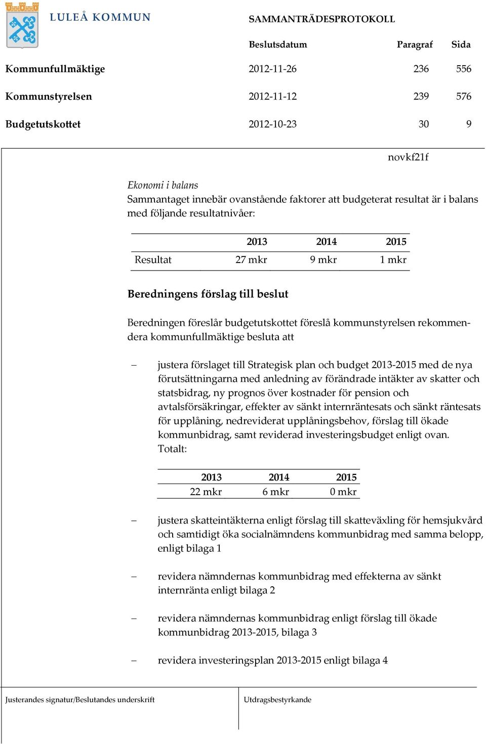 att justera förslaget till Strategisk plan och budget 2013-2015 med de nya förutsättningarna med anledning av förändrade intäkter av skatter och statsbidrag, ny prognos över kostnader för pension och