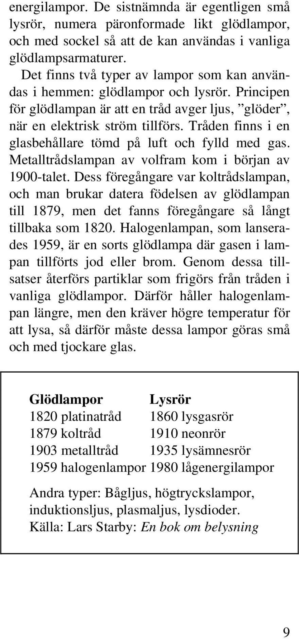 Tråden finns i en glasbehållare tömd på luft och fylld med gas. Metalltrådslampan av volfram kom i början av 1900-talet.