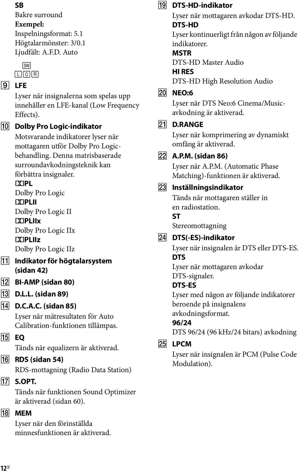 ;PL Dolby Pro Logic ;PLII Dolby Pro Logic II ;PLIIx Dolby Pro Logic IIx ;PLIIz Dolby Pro Logic IIz K Indikator för högtalarsystem (sidan 42) L BI-AMP (sidan 80) M D.L.L. (sidan 89) N D.C.