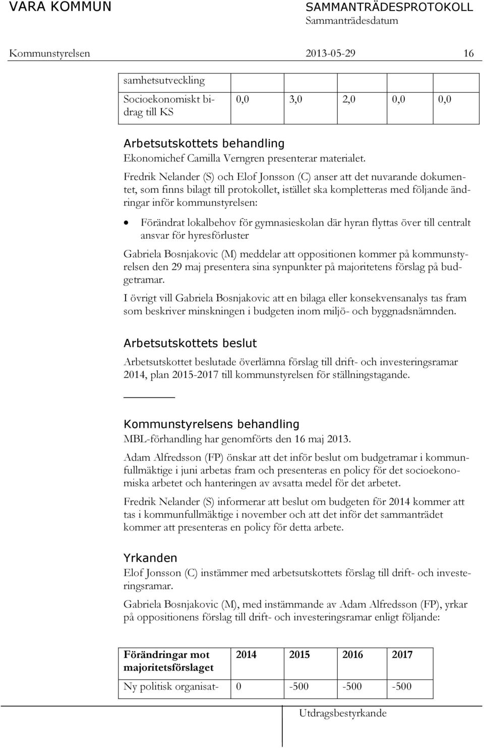 lokalbehov för gymnasieskolan där hyran flyttas över till centralt ansvar för hyresförluster Gabriela Bosnjakovic (M) meddelar att oppositionen kommer på kommunstyrelsen den 29 maj presentera sina