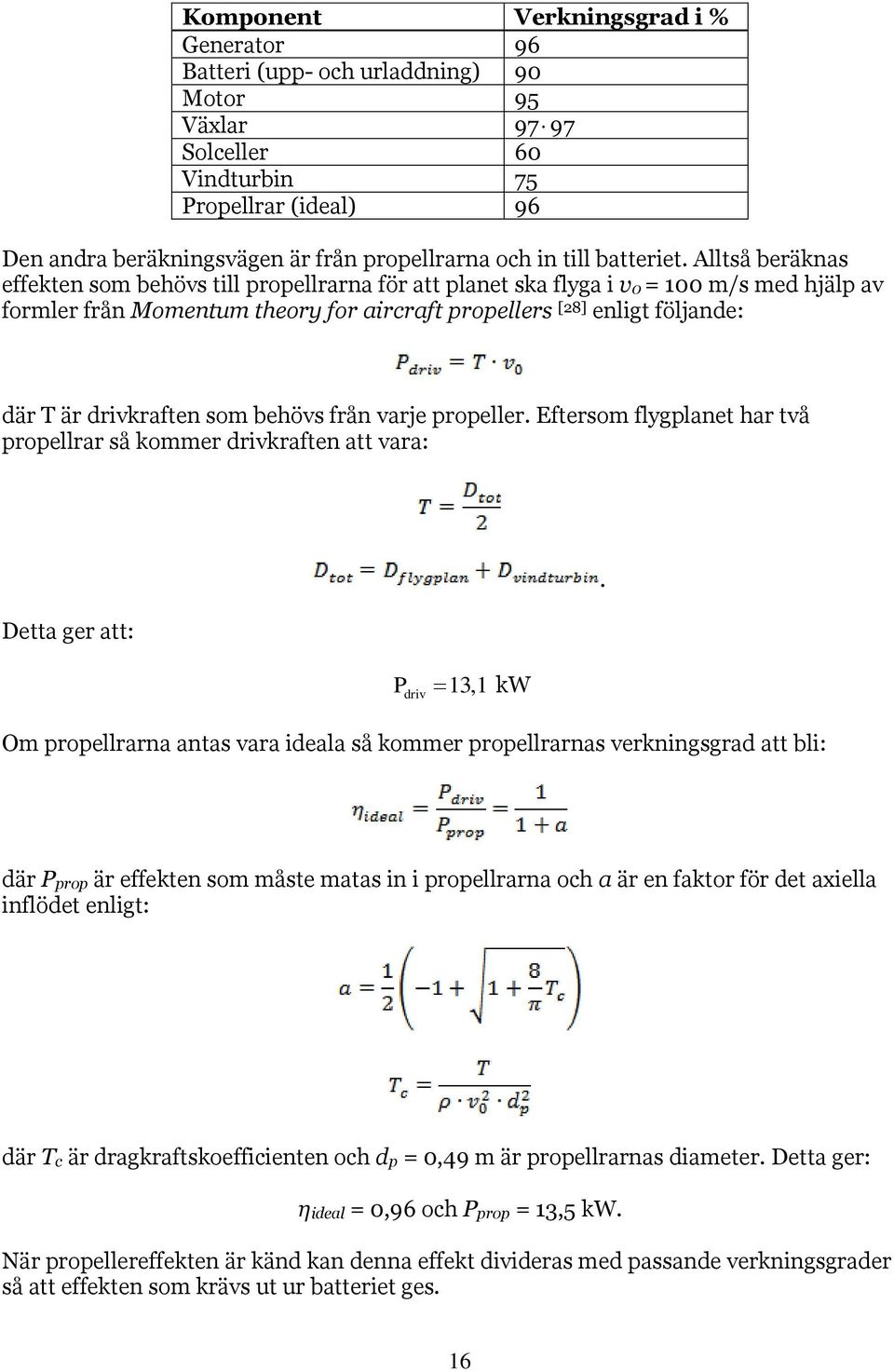Alltså beräknas effekten som behövs till propellrarna för att planet ska flyga i v0 = 100 m/s med hjälp av formler från Momentum theory for aircraft propellers [28] enligt följande: där T är