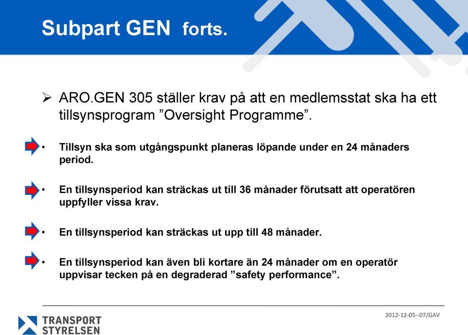 En tillsynsperiod kan sträckas ut till 36 månader förutsatt att operatören uppfyller vissa krav.