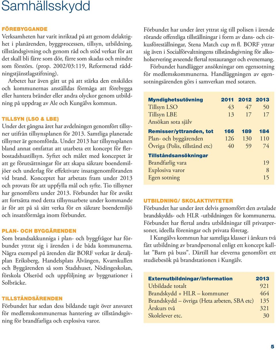 Arbetet har även gått ut på att stärka den enskildes och kommunernas anställdas förmåga att förebygga eller hantera bränder eller andra olyckor genom utbildning på uppdrag av Ale och Kungälvs kommun.