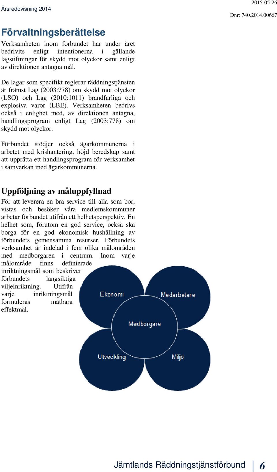 00667 Förvaltningsberättelse Verksamheten inom förbundet har under året bedrivits enligt intentionerna i gällande lagstiftningar för skydd mot olyckor samt enligt av direktionen antagna mål.