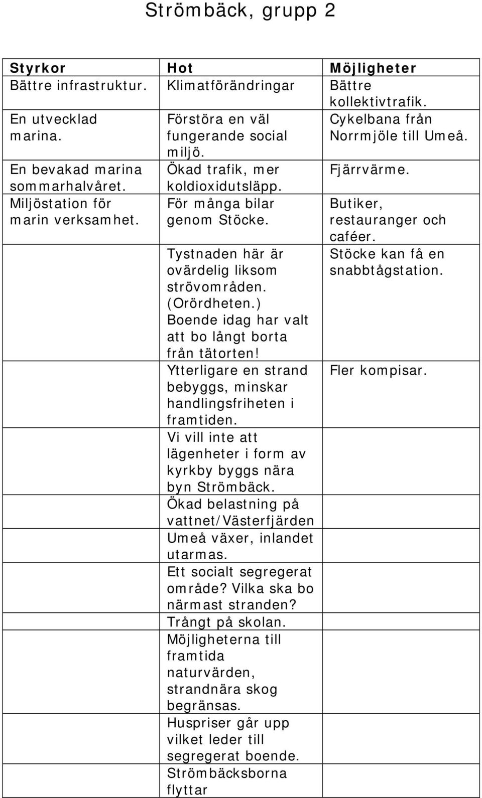 ) Boende idag har valt att bo långt borta från tätorten! Ytterligare en strand bebyggs, minskar handlingsfriheten i framtiden. Vi vill inte att lägenheter i form av kyrkby byggs nära byn Strömbäck.