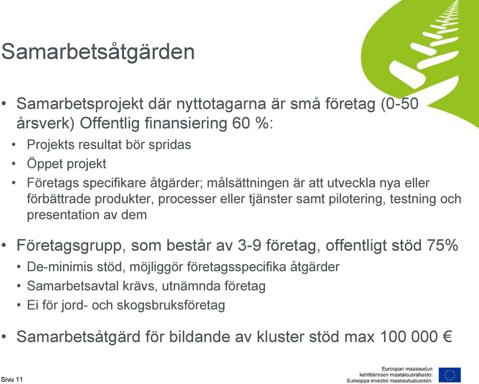 pilotering, testning och presentation av dem Företagsgrupp, som består av 3-9 företag, offentligt stöd 75% De-minimis stöd, möjliggör