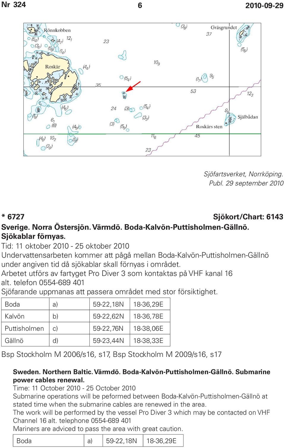 Arbetet utförs av fartyget Pro Diver 3 som kontaktas på VHF kanal 16 alt. telefon 0554-689 401 Sjöfarande uppmanas att passera området med stor försiktighet.