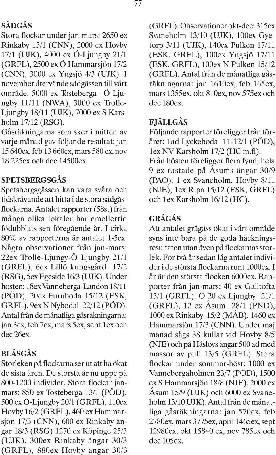 Gåsräkningarna som sker i mitten av varje månad gav följande resultat: jan 15 640ex, feb 13 660ex, mars 580 ex, nov 18 225ex och dec 14500ex.