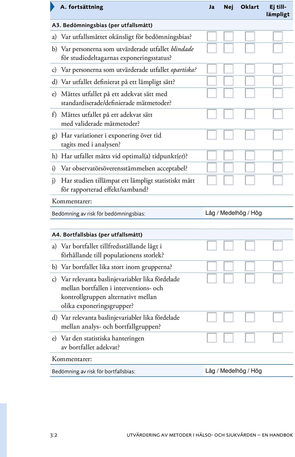 e) Mättes utfallet på ett adekvat sätt med standardiserade/definierade mätmetoder? f) Mättes utfallet på ett adekvat sätt med validerade mätmetoder?