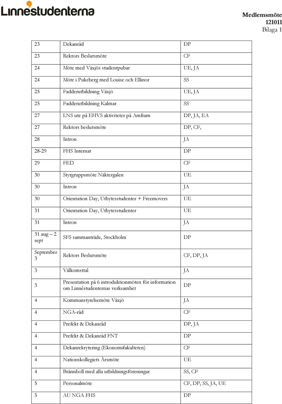 JA 30 Orientation Day, Utbytesstudenter + Freemovers UE 31 Orientation Day, Utbytesstudenter UE 31 Intron JA 31 aug 2 sept September 3 SFS sammanträde, Stockholm Rektors Beslutsmöte DP CF, DP, JA 3