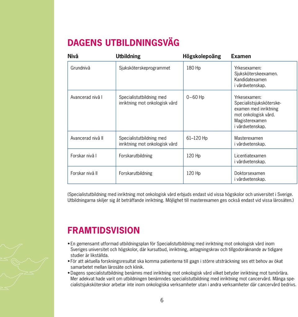 Avancerad nivå II inriktning mot onkologisk vård i vård vetenskap. Forskar nivå I Forskarutbildning Licentiatexamen i vårdvetenskap.