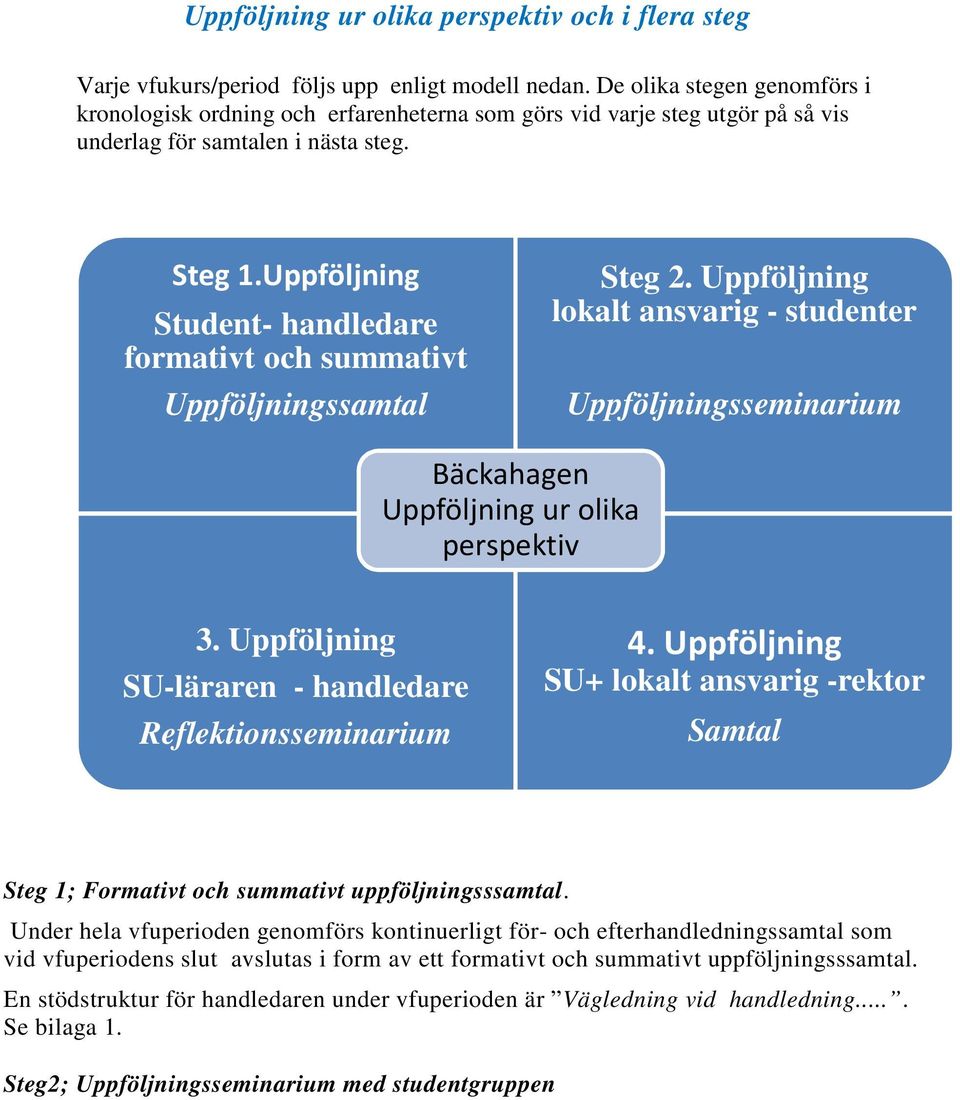 Uppföljning Student- handledare formativt och summativt Uppföljningssamtal Steg 2. Uppföljning lokalt ansvarig - studenter Uppföljningsseminarium Bäckahagen Uppföljning ur olika perspektiv 3.