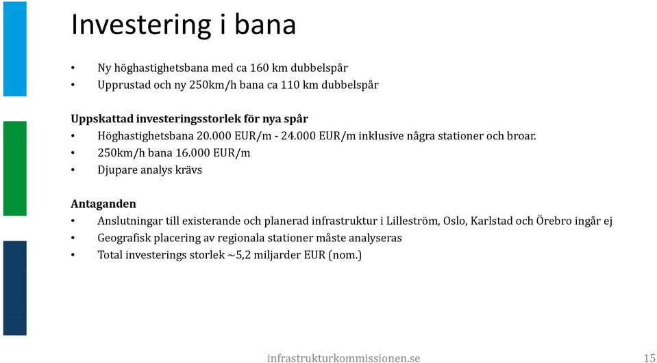 000 EUR/m Djupare analys krävs Antaganden Anslutningar till existerande och planerad infrastruktur i Lilleström, Oslo, Karlstad och