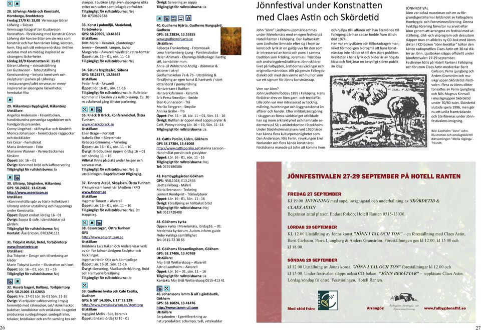 Lördag 28/9 Konstnatten kl: 11-01 Göran Löfwing skissutställning Jan Gustavsson - fotoutställning Konstvandring belysta konstverk och skulpturer i parken på Löfwings I restaurangen/cafét serveras en