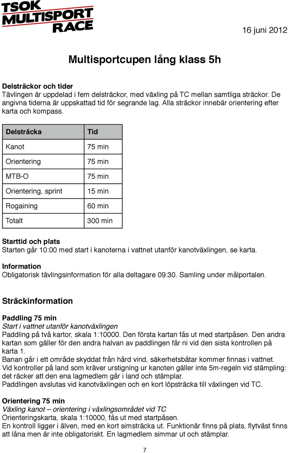 Delsträcka Kanot Orientering MTB-O Orientering, sprint Rogaining Totalt Tid 75 min 75 min 75 min 15 min 60 min 300 min Starttid och plats Starten går 10:00 med start i kanoterna i vattnet utanför