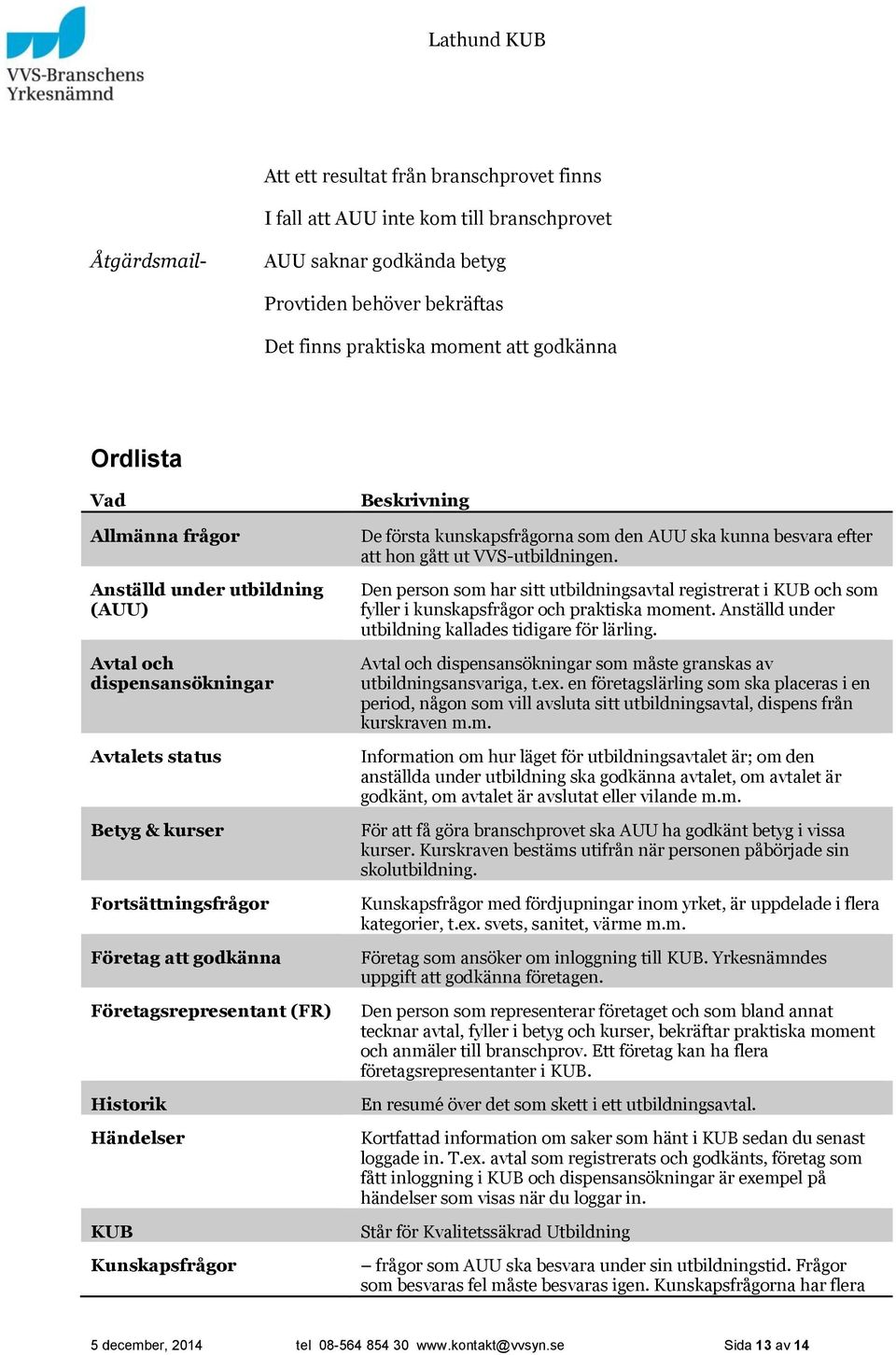 Händelser KUB Kunskapsfrågor Beskrivning De första kunskapsfrågorna som den AUU ska kunna besvara efter att hon gått ut VVS-utbildningen.