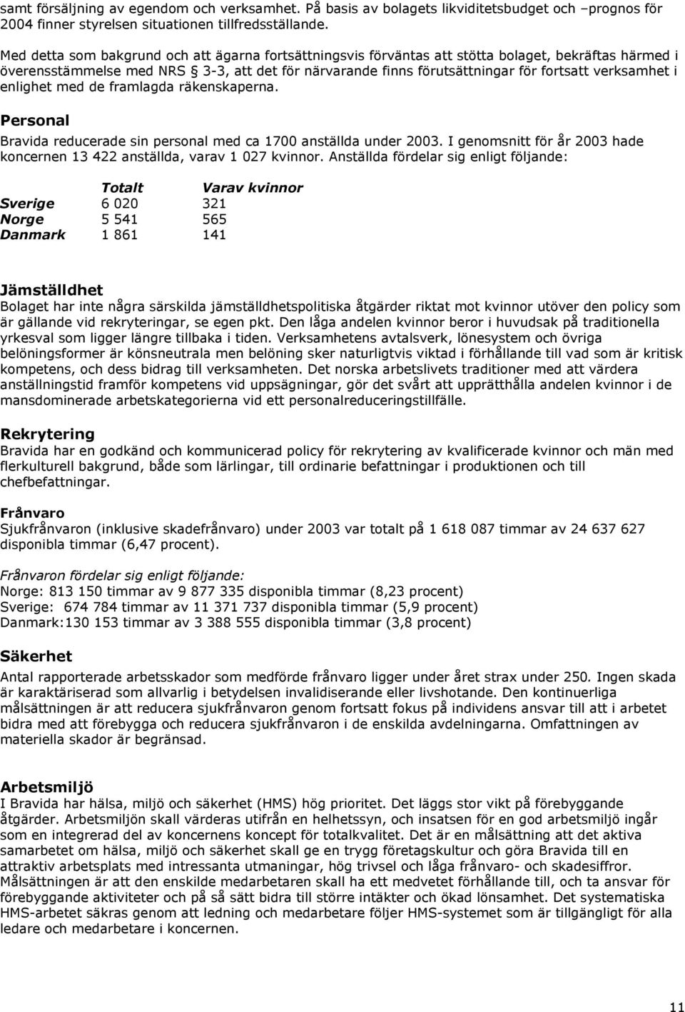 verksamhet i enlighet med de framlagda räkenskaperna. Personal Bravida reducerade sin personal med ca 1700 anställda under 2003.