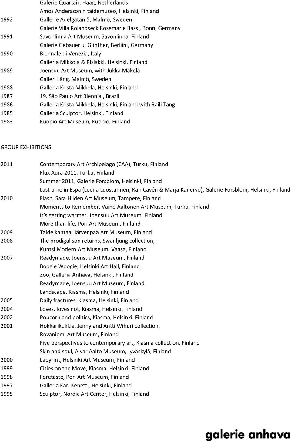 Günther, Berliini, Germany 1990 Biennale di Venezia, Italy Galleria Mikkola & Rislakki, Helsinki, Finland 1989 Joensuu Art Museum, with Jukka Mäkelä Galleri Lång, Malmö, Sweden 1988 Galleria Krista