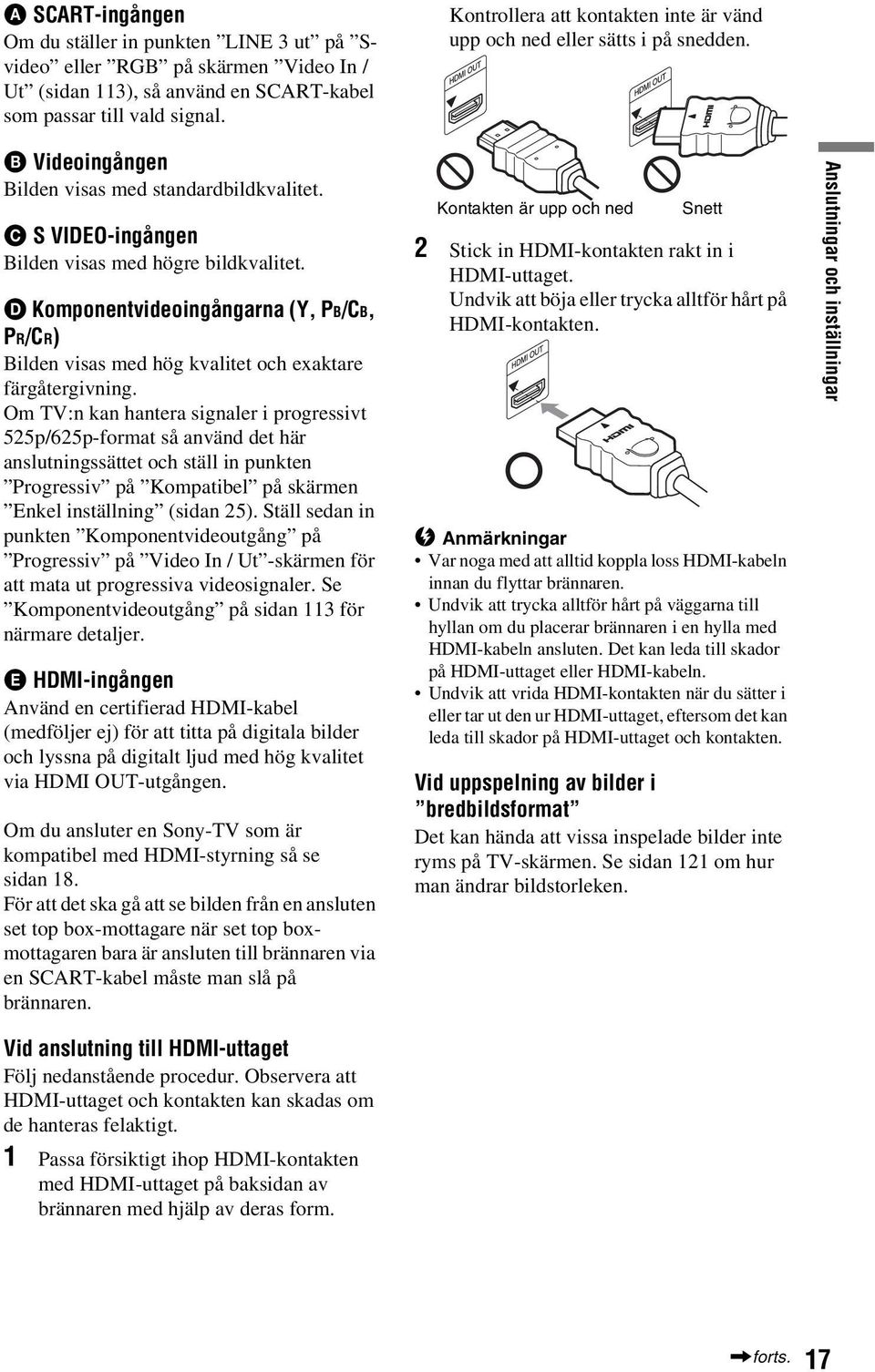 D Komponentvideoingångarna (Y, PB/CB, PR/CR) Bilden visas med hög kvalitet och exaktare färgåtergivning.