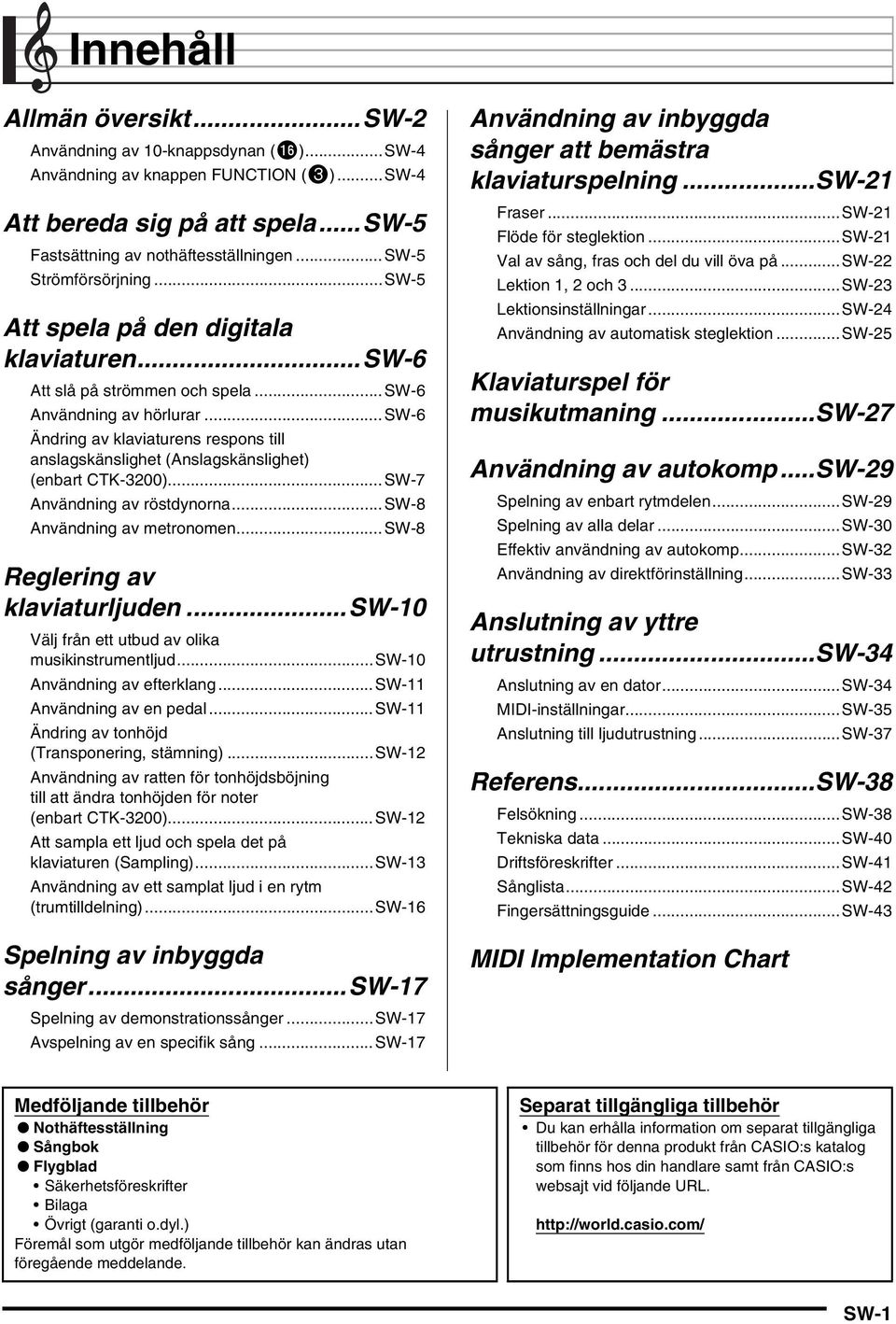 ..sw-6 Ändring av klaviaturens respons till anslagskänslighet (Anslagskänslighet) (enbart CTK-3200)...SW-7 Användning av röstdynorna...sw-8 Användning av metronomen...sw-8 Reglering av klaviaturljuden.