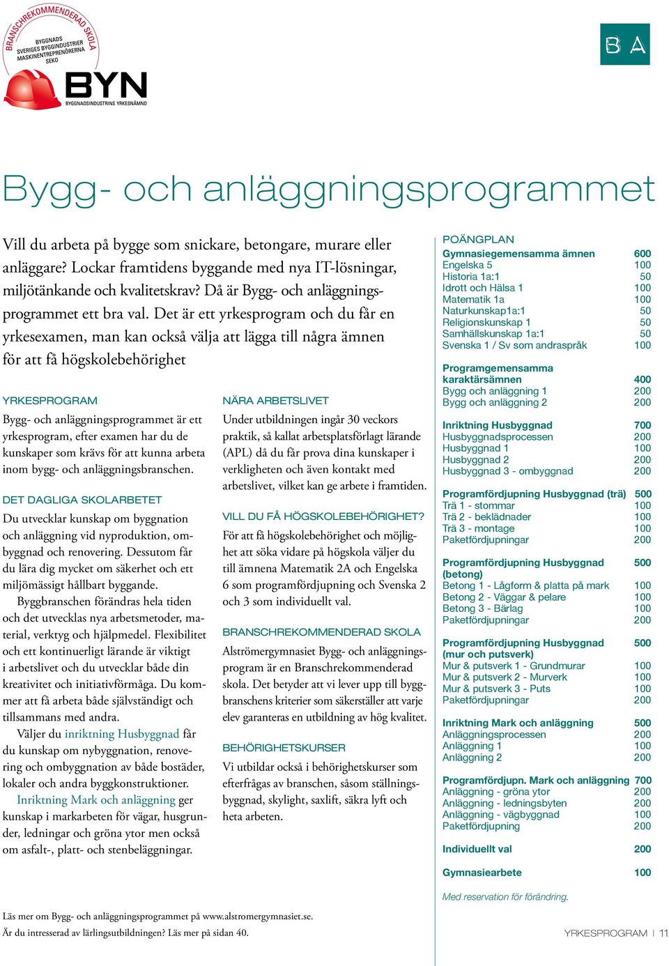 Det är ett yrkesprogram och du får en yrkesexamen, man kan också välja att lägga till några ämnen för att få högskolebehörighet YRKESPROGRAM Bygg- och anläggningsprogrammet är ett yrkesprogram, efter