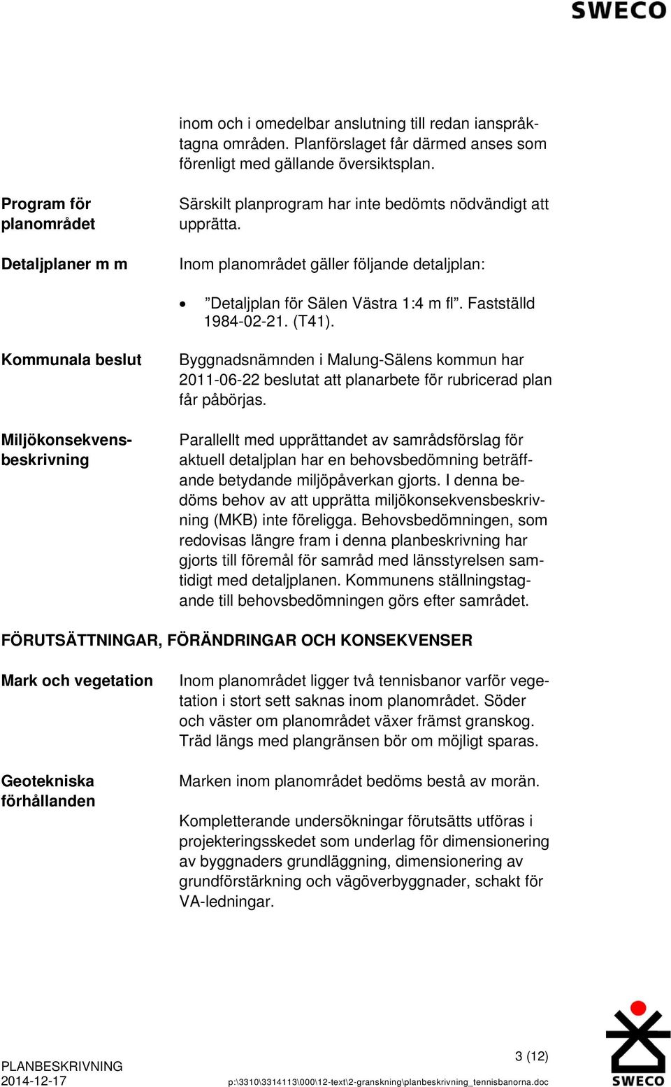 Fastställd 1984-02-21. (T41). Kommunala beslut Miljökonsekvensbeskrivning Byggnadsnämnden i Malung-Sälens kommun har 2011-06-22 beslutat att planarbete för rubricerad plan får påbörjas.