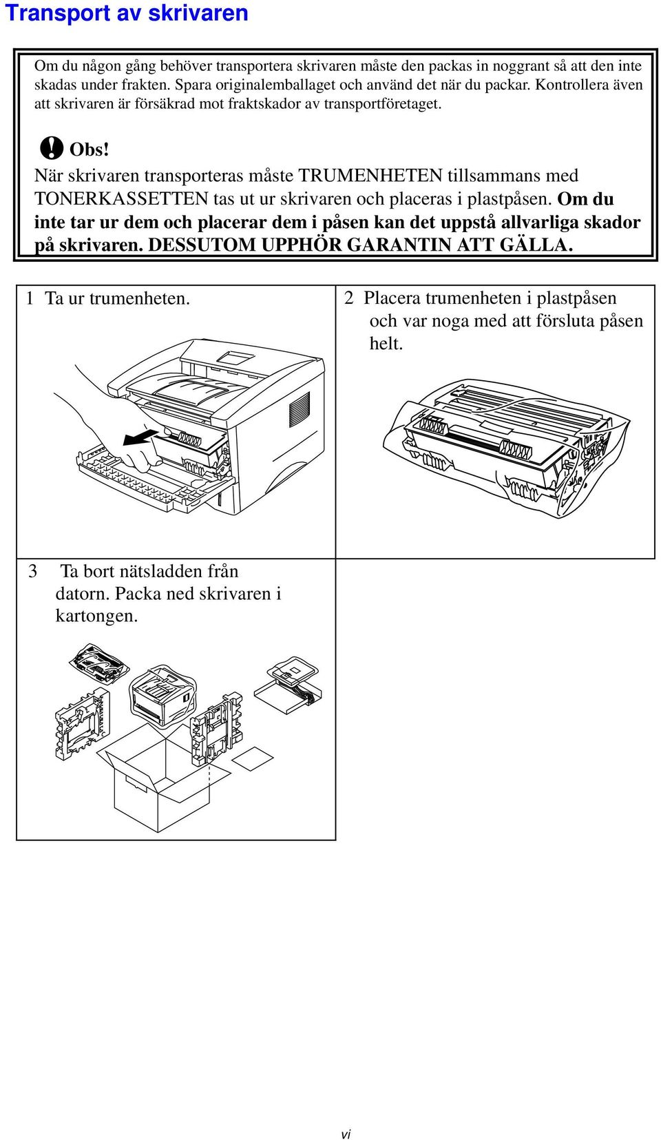 När skrivaren transporteras måste TRUMENHETEN tillsammans med TONERKASSETTEN tas ut ur skrivaren och placeras i plastpåsen.