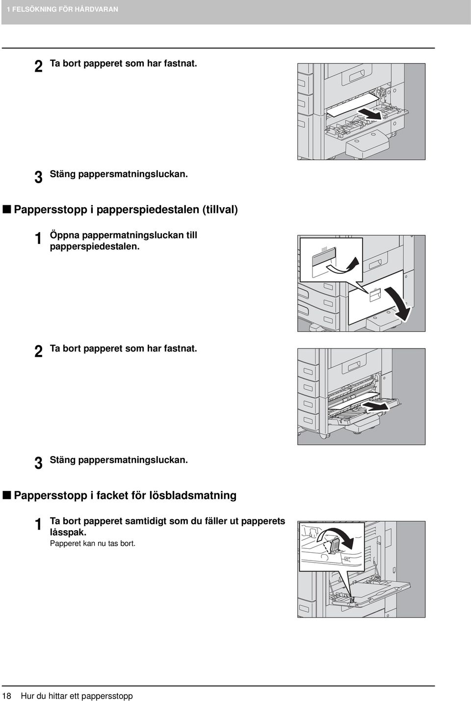 2 Ta bort papperet som har fastnat. 3 Stäng pappersmatningsluckan.