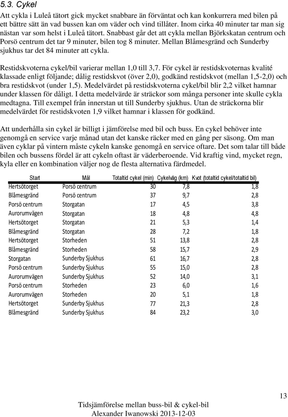 Mellan Blåmesgränd och Sunderby sjukhus tar det 84 minuter att cykla. Restidskvoterna cykel/bil varierar mellan 1,0 till 3,7.