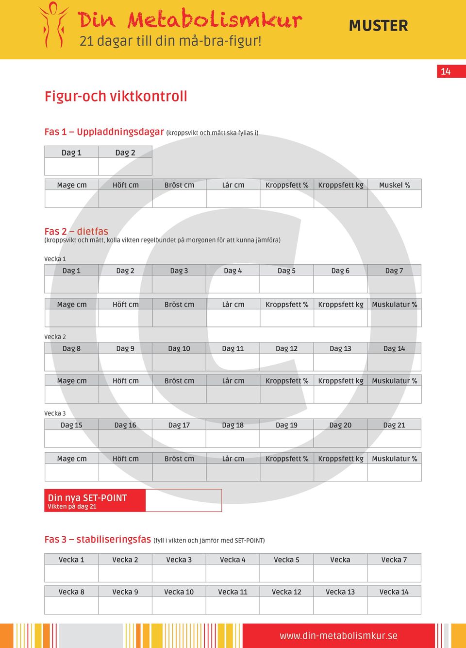 8 Dag 9 Dag 10 Dag 11 Dag 12 Dag 13 Dag 14 Mage cm Höft cm Bröst cm Lår cm Kroppsfett % Kroppsfett kg Muskulatur % Vecka 3 Dag 15 Dag 16 Dag 17 Dag 18 Dag 19 Dag 20 Dag 21 Mage cm Höft cm Bröst cm