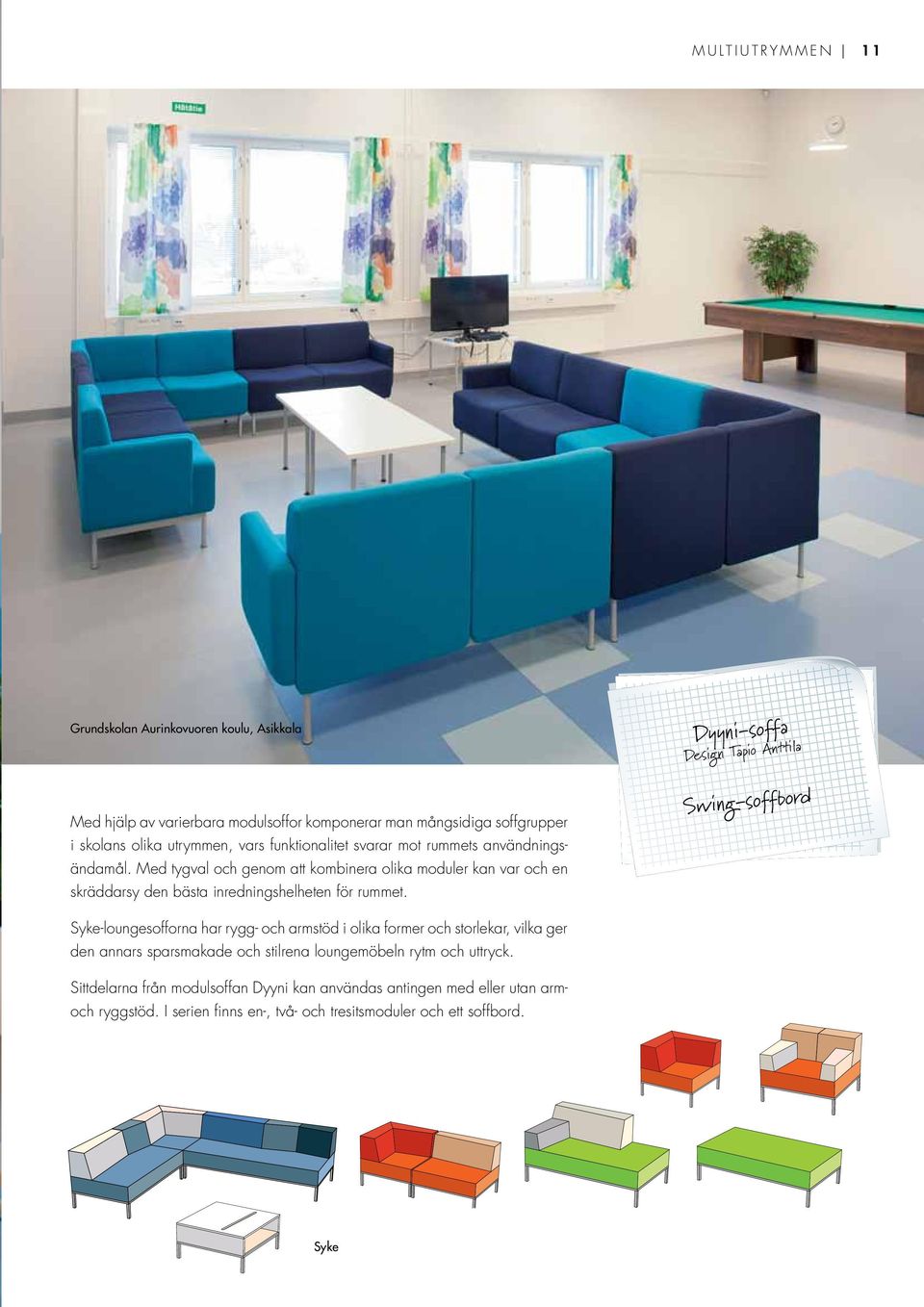 Dyyni-soffa Design Tapio Anttila Swing-soffbord Syke-loungesofforna har rygg- och armstöd i olika former och storlekar, vilka ger den annars sparsmakade och stilrena