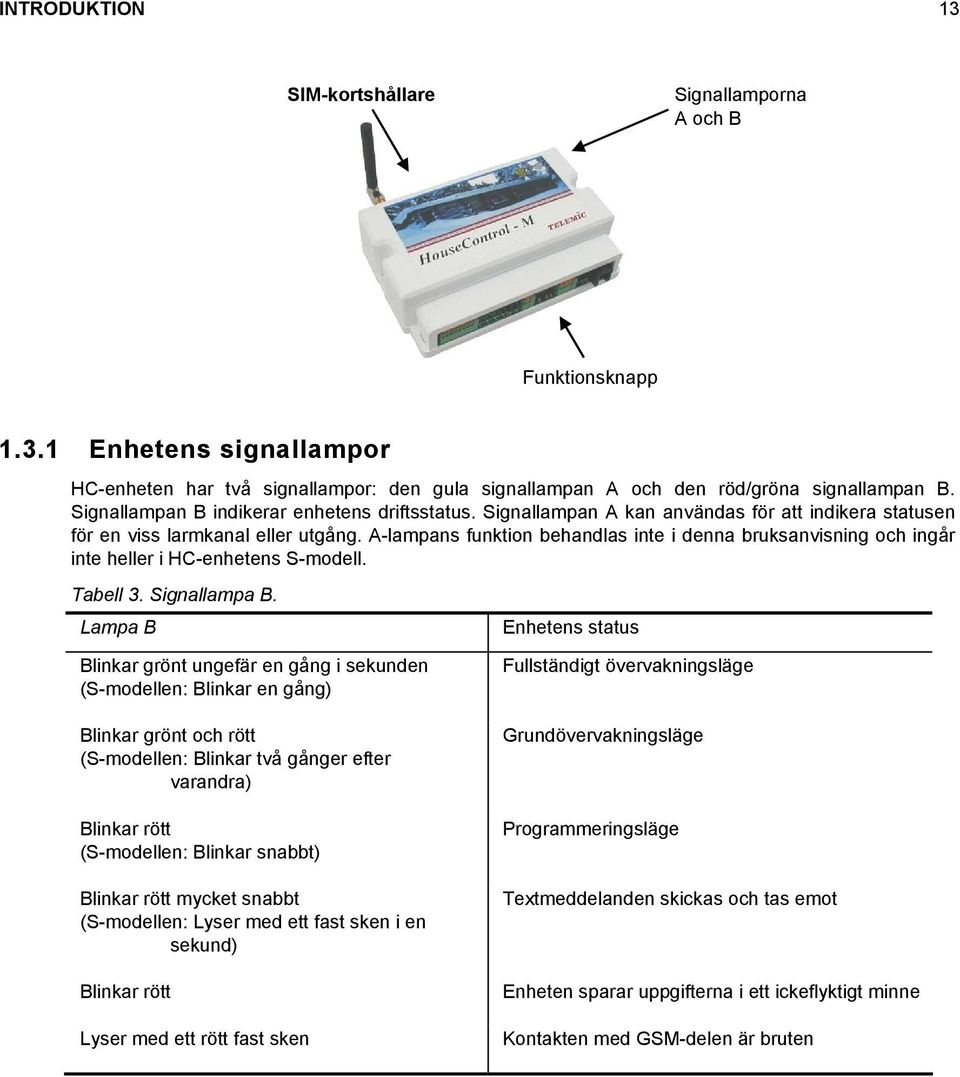 A-lampans funktion behandlas inte i denna bruksanvisning och ingår inte heller i HC-enhetens S-modell. Tabell 3. Signallampa B.