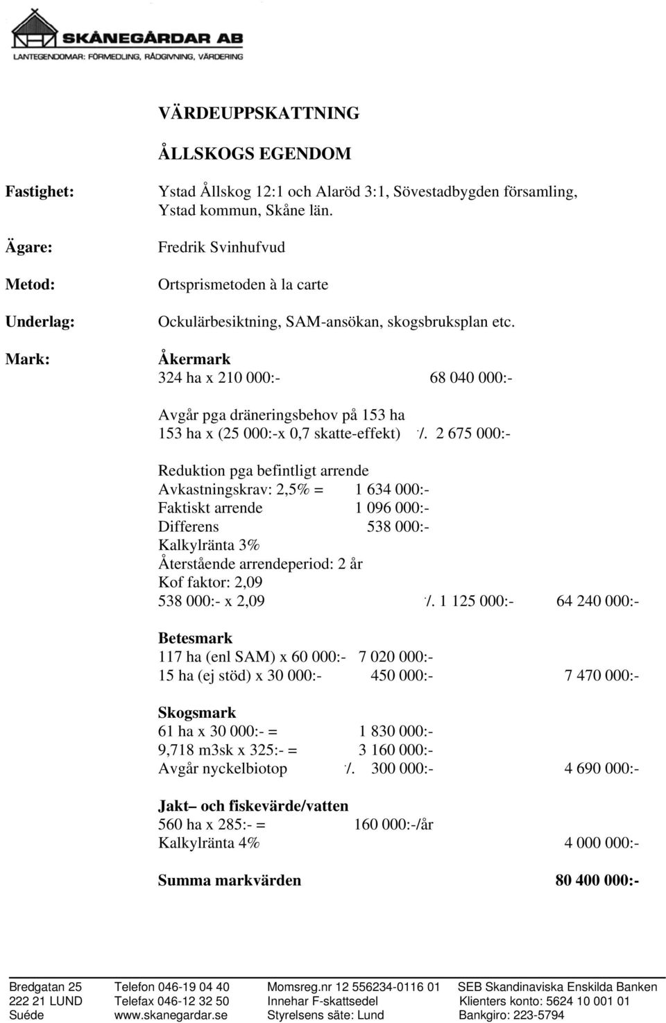 Åkermark 324 ha x 210 000:- 68 040 000:- Avgår pga dräneringsbehov på 153 ha 153 ha x (25 000:-x 0,7 skatte-effekt). /.