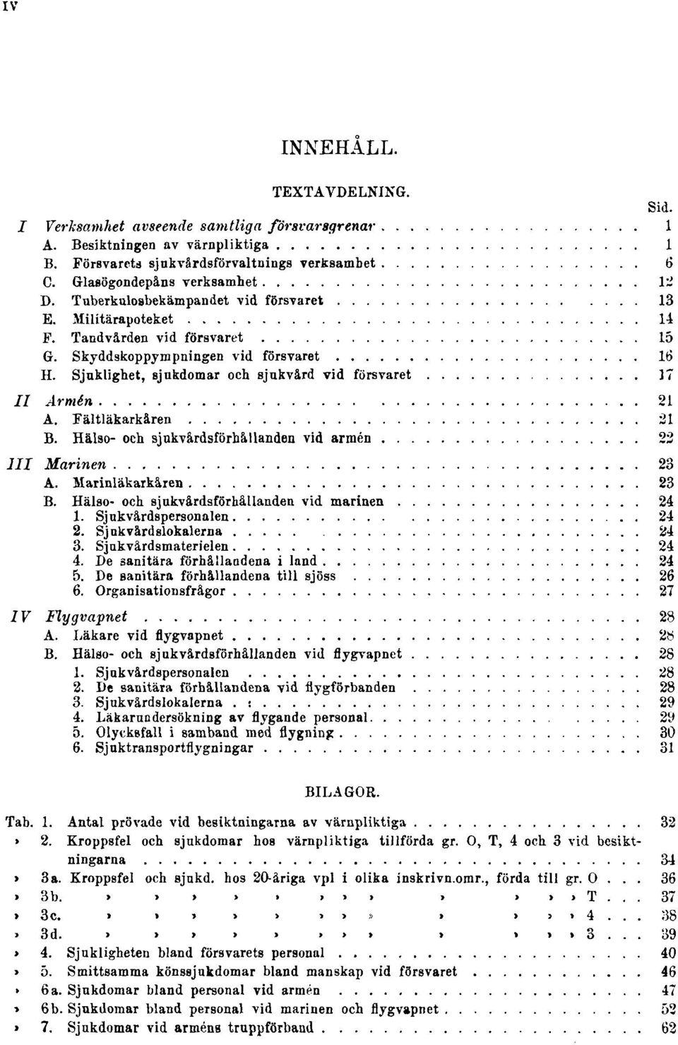 Sjuklighet, sjukdomar och sjukvård vid försvaret 17 II Armén 21 A. Fältläkarkåren 21 B. Hälso- och sjukvårdsförhållanden vid armén 22 III Marinen 23 A. Marinläkarkåren 23 B.