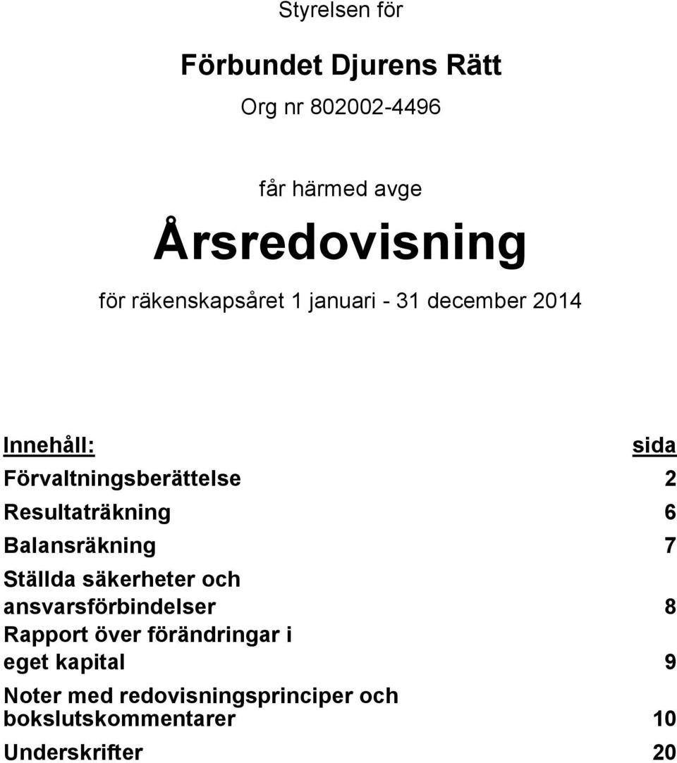 Balansräkning 7 Ställda säkerheter och ansvarsförbindelser 8 Rapport över förändringar i