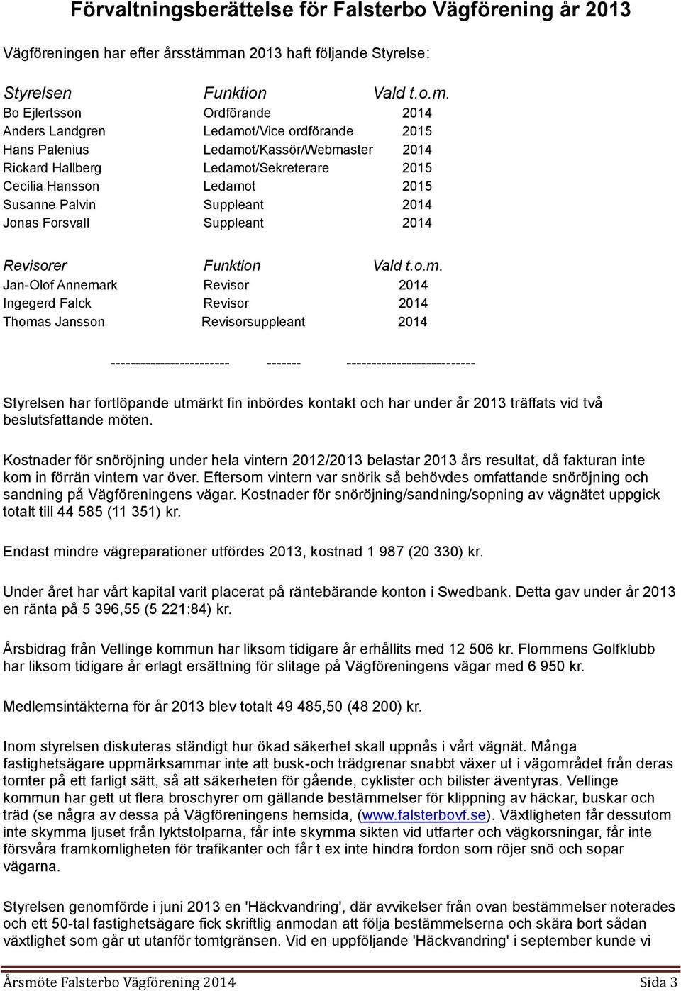 Bo Ejlertsson Ordförande 2014 Anders Landgren Ledamot/Vice ordförande 2015 Hans Palenius Ledamot/Kassör/Webmaster 2014 Rickard Hallberg Ledamot/Sekreterare 2015 Cecilia Hansson Ledamot 2015 Susanne