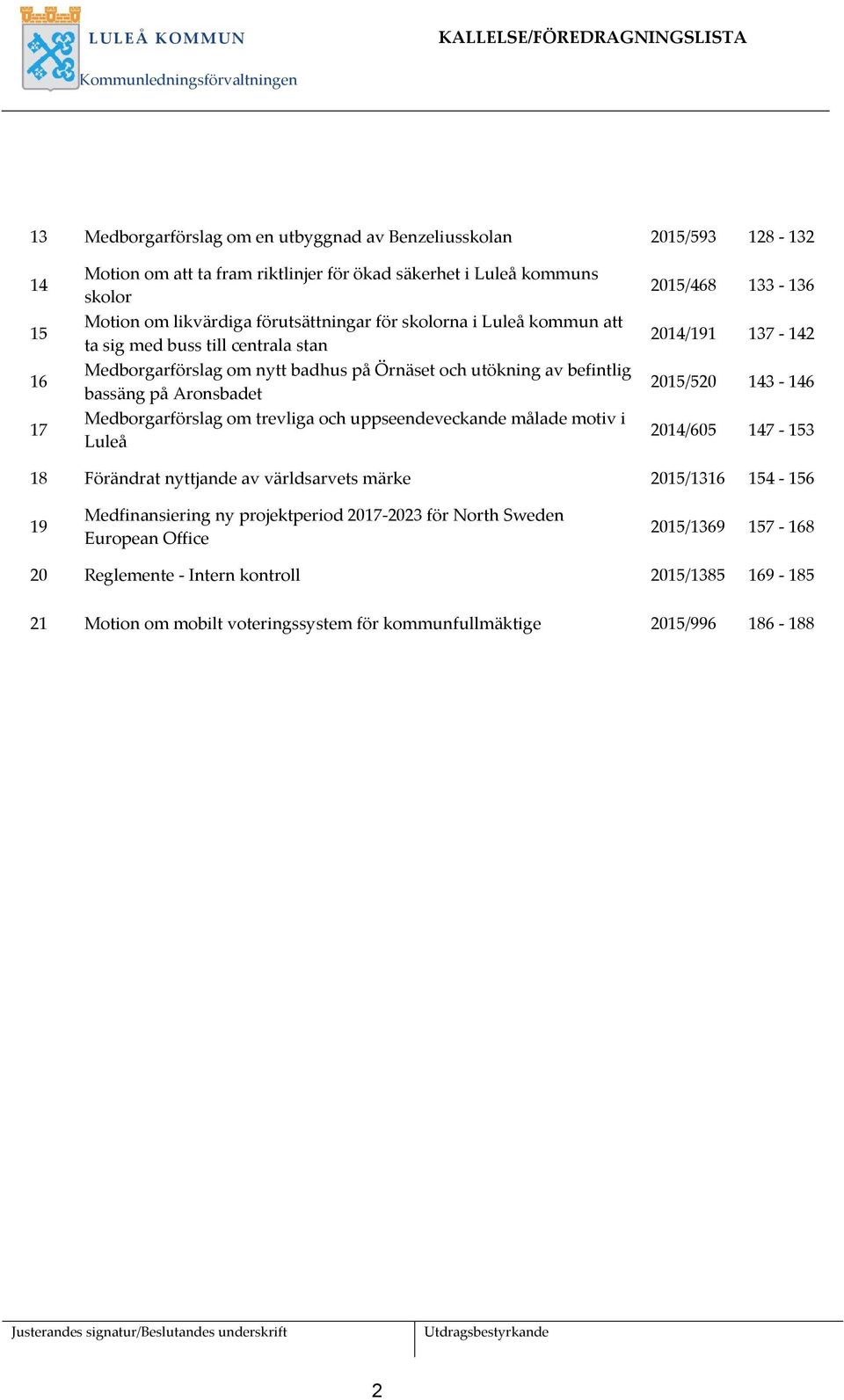 befintlig bassäng på Aronsbadet Medborgarförslag om trevliga och uppseendeveckande målade motiv i Luleå 2015/468 133-136 2014/191 137-142 2015/520 143-146 2014/605 147-153 18 Förändrat nyttjande av