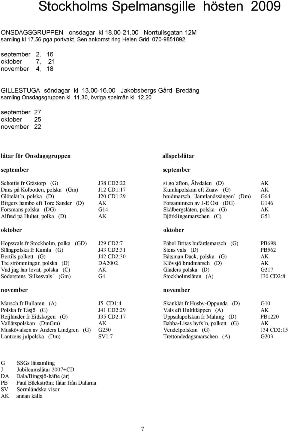 20 september 27 oktober 25 november 22 låtar för Onsdagsgruppen allspelslåtar september september Schottis fr Grästorp (G) Dans på Kolbotten, polska (Gm) Glötelåt n, polska (D) Birgers hambo eft Tore