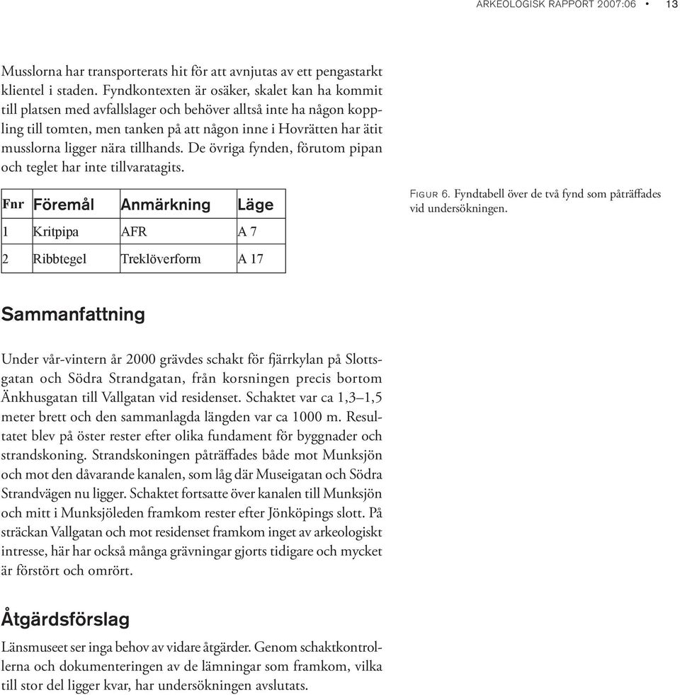 nära tillhands. De övriga fynden, förutom pipan och teglet har inte tillvaratagits. Fnr Föremål Anmärkning Läge 1 Kritpipa AFR A 7 Figur 6.