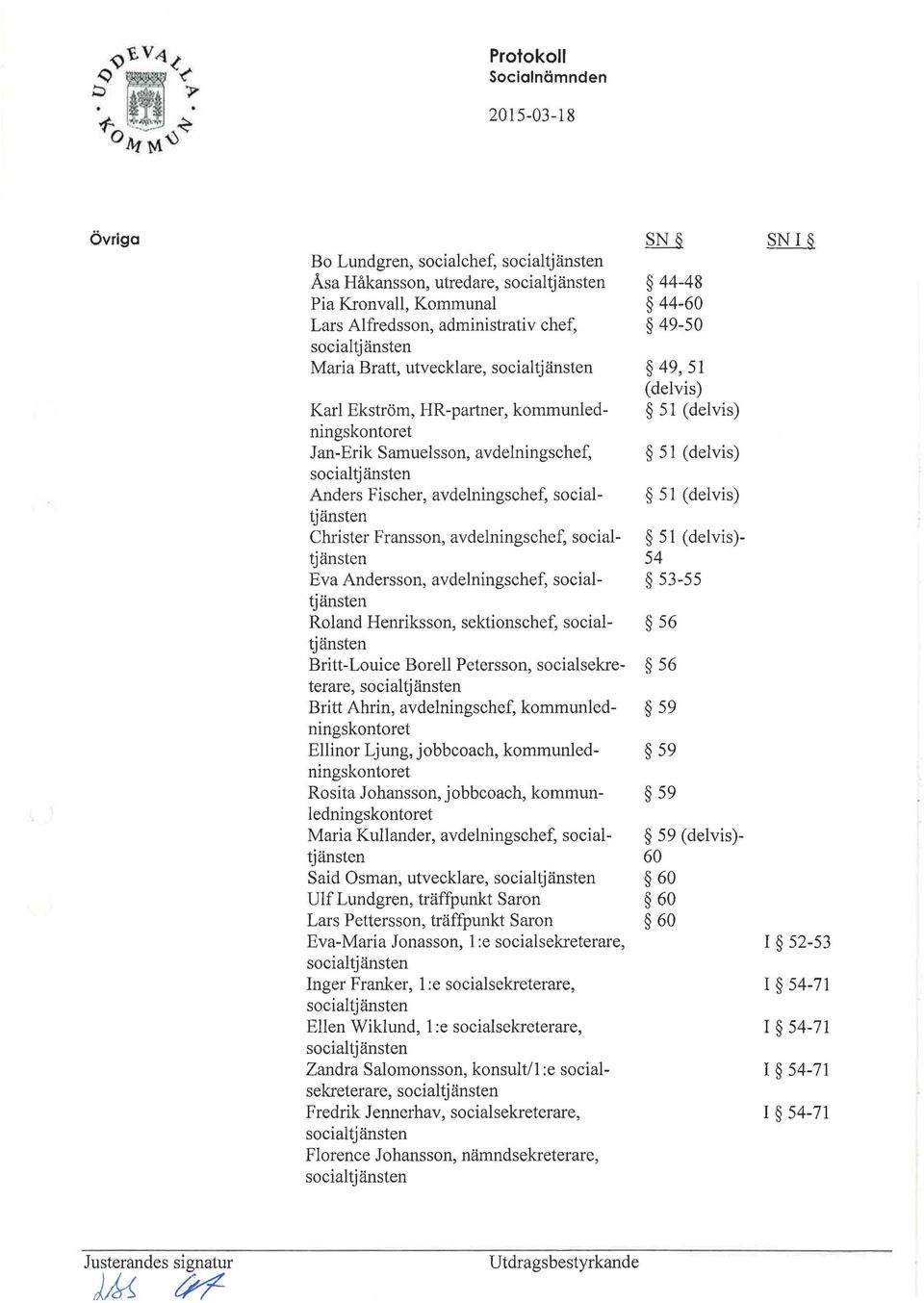 socialtjänsten Eva Andersson, avdelningschef, socialtjänsten Roland Henriksson, sektionschef, socialtjänsten Britt-Louice Boreli Petersson, socialsekreterare, socialtjänsten Britt Ahrin,