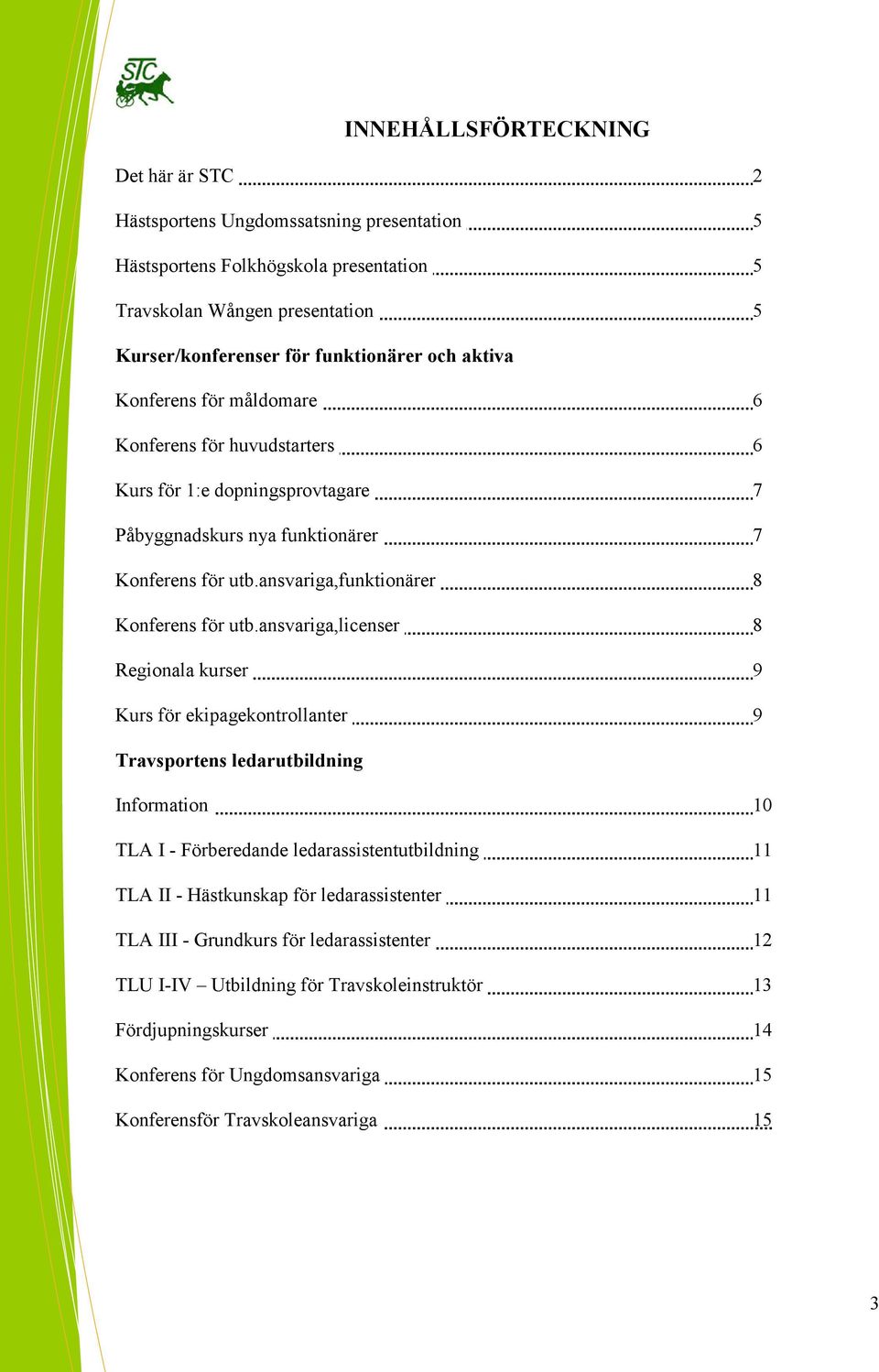 ansvariga,licenser 8 Regionala kurser 9 Kurs för ekipagekontrollanter 9 Travsportens ledarutbildning Information 10 TLA I - Förberedande ledarassistentutbildning 11 TLA II - Hästkunskap för